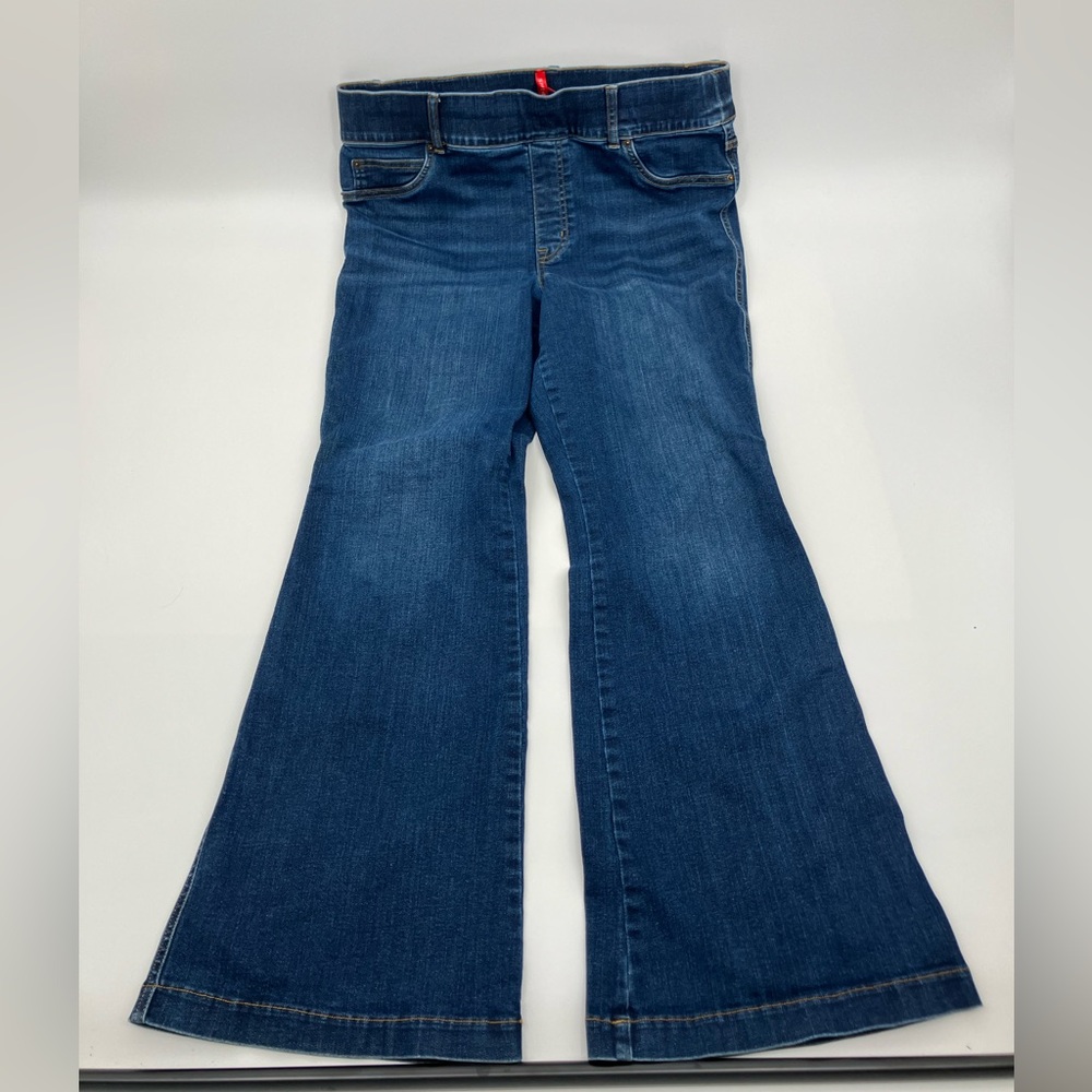 Spanx | high waisted dark wash flare jeans with stretch waist | size 1x